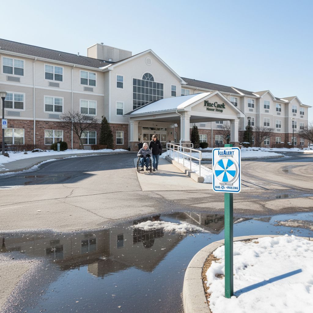 elderly woman and helper walking on icy parking lot elderly woman and helper walking on icy parking lot
