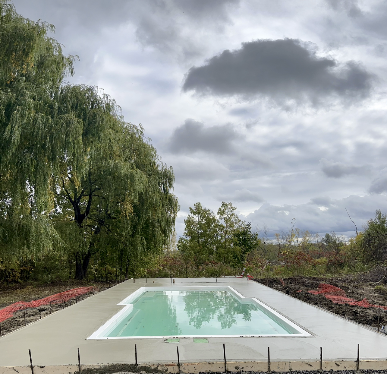 Une grande piscine entourée d'arbres par temps nuageux