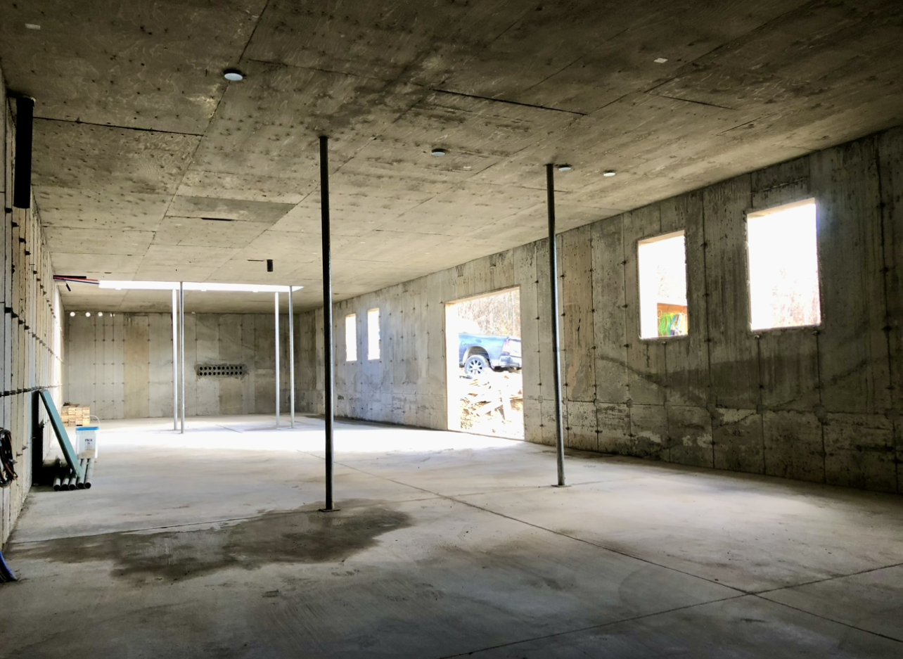 Un sous-sol vide avec beaucoup de fenêtres et des murs en béton.