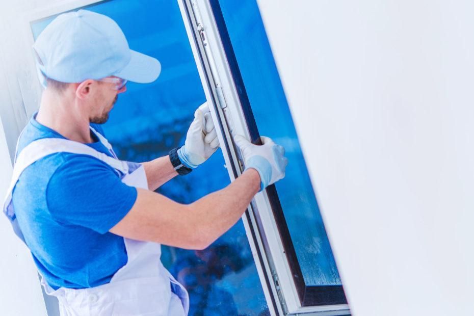 A man is installing a window in a house.