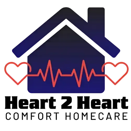 Logo: house silhouette with heartbeat line and two hearts; text "Heart 2 Heart Comfort Homecare".