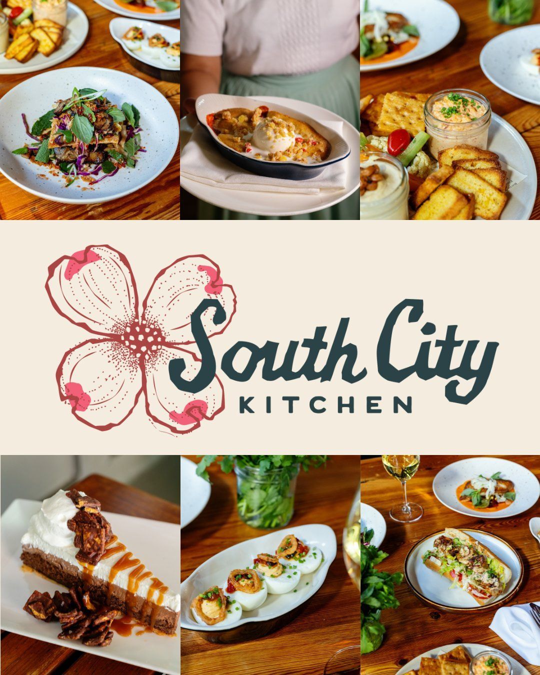 South City Kitchen logo with flower, surrounded by food photos like salad, deviled eggs, and dessert.
