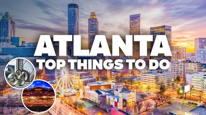 Atlanta skyline at sunset, text 