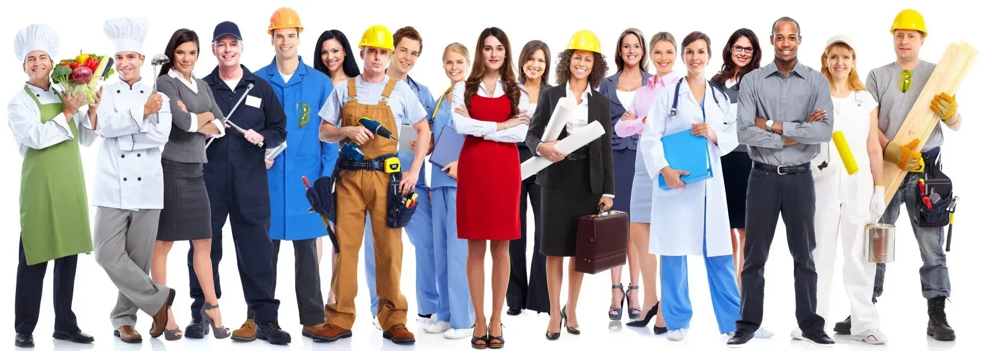 Group of people in different work uniforms standing in a line.