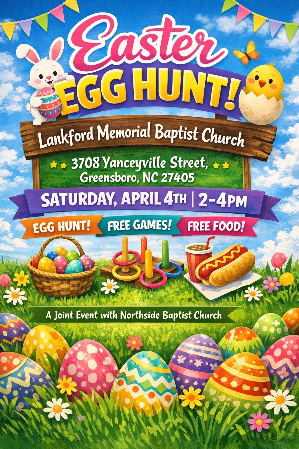 Easter egg hunt flyer at Lankford Memorial Baptist Church in Greensboro, NC. Features bunny, chick, eggs, games, and food.