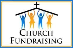 Four figures lifting a house roof with a cross on top, text below: Church Fundraising.