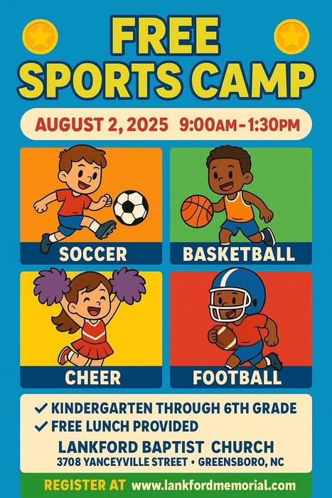 Free sports camp for children in kindergarten through 5th grade. Choose from soccer, basketball, football or cheer. Lunch and special entertainment included.