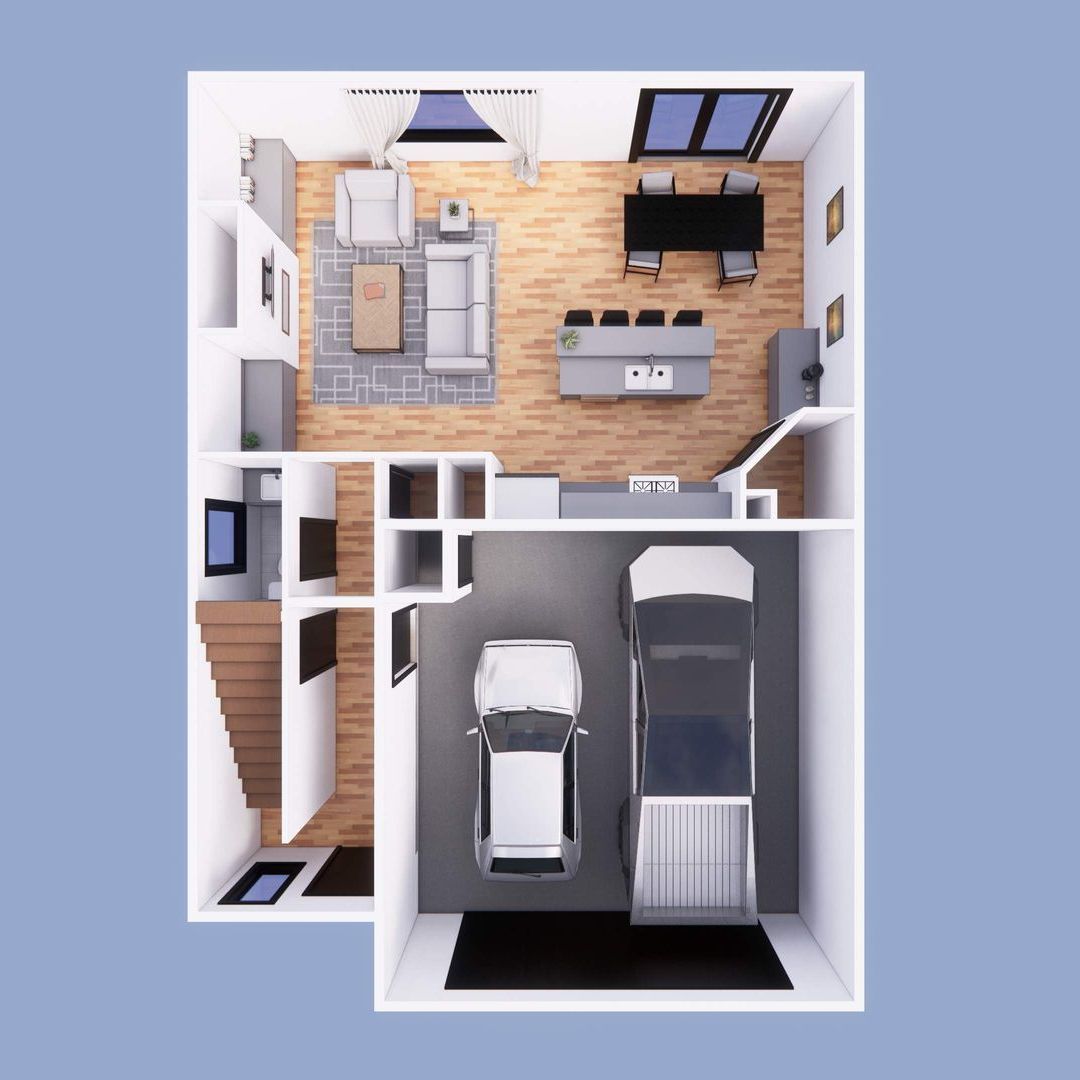 A floor plan of a house with a car in the garage