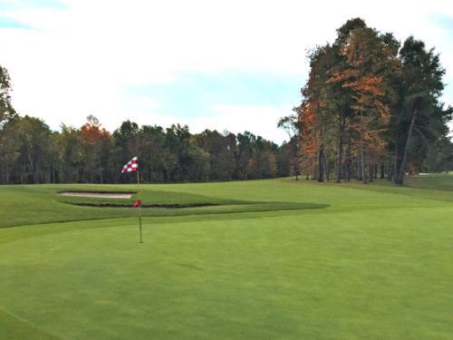 Golf green with checkered flag, sand trap, and trees in the background under a cloudy sky.