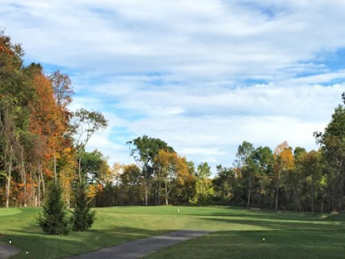Green golf course surrounded by autumn trees under a cloudy blue sky.