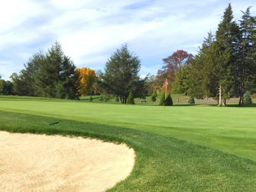 Green golf course with sand trap and trees under a cloudy blue sky.
