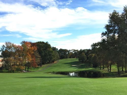 Green golf course with trees and small pond under a blue, cloudy sky.