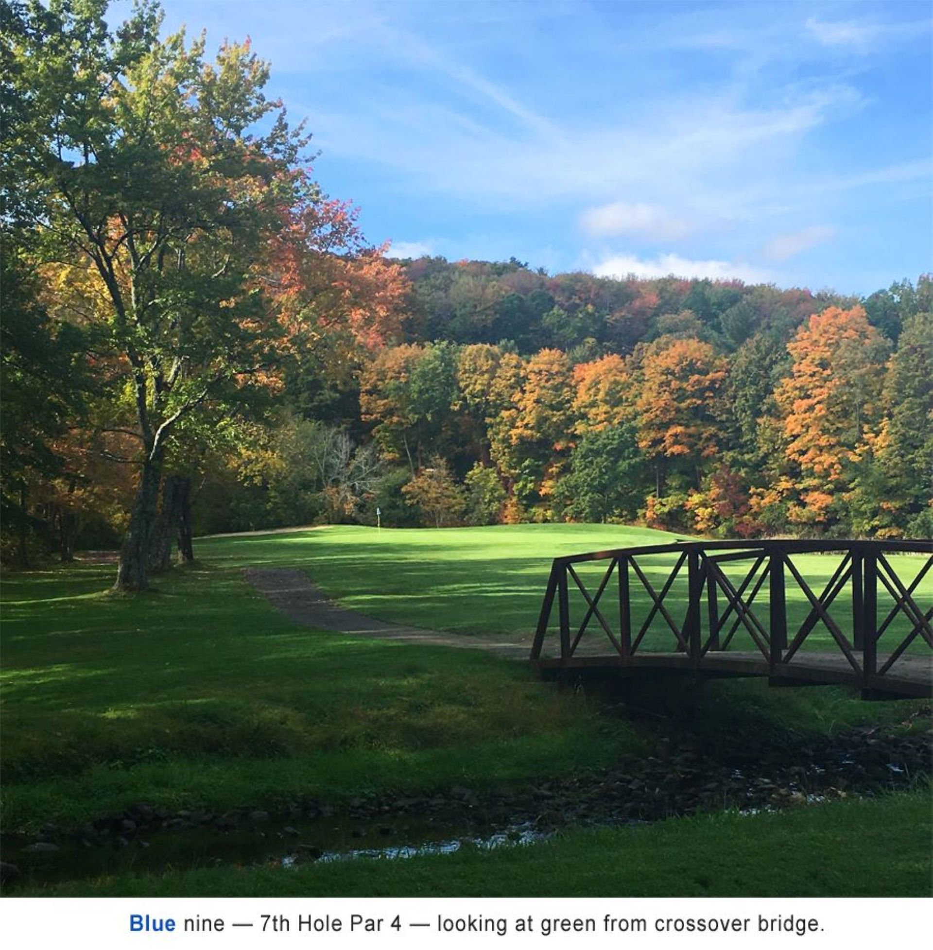 Green golf course with trees in fall colors, a bridge, and a blue sky.