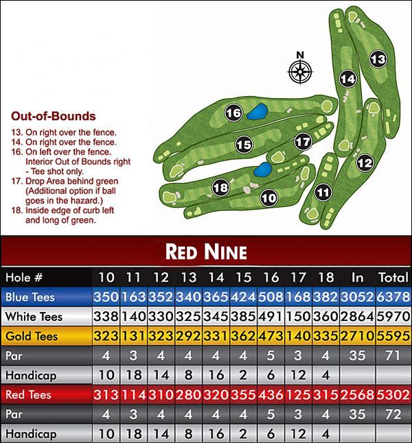 Golf course map of Red Nine, showing hole layouts, yardages, and out-of-bounds areas.