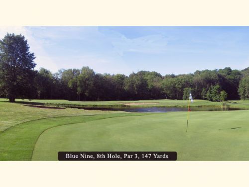 Golf course, green, water hazard, trees, blue sky. Text: Blue Nine, 8th Hole, Par 3, 147 Yards.