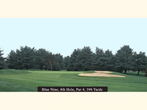 Golf course green with trees and sand trap; text reads: Blue Nine, 4th Hole, Par 4, 386 Yards.