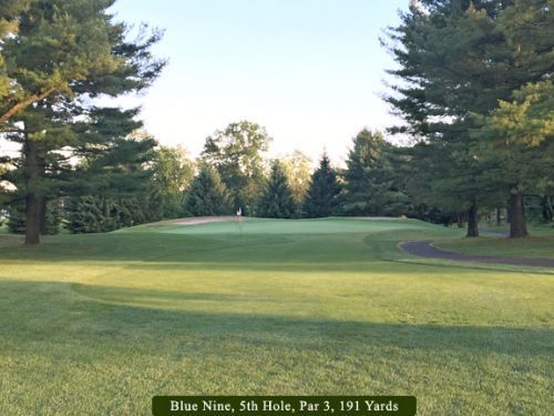 Blue Nine, 5th Hole, par 3, 191 yards. Green grass, trees line the sides, and a slight rise to the green.