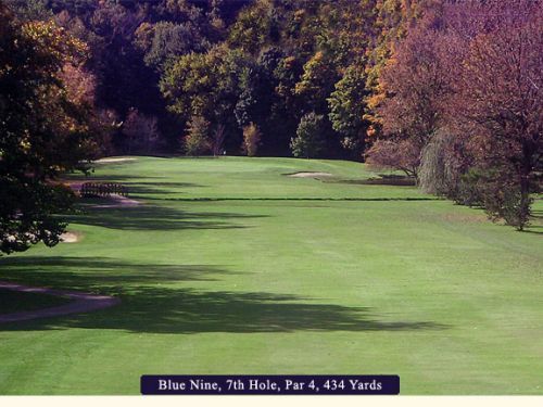 Golf course view: Green fairway, trees in autumn colors, Blue Nine 7th hole, par 4, 434 yards.