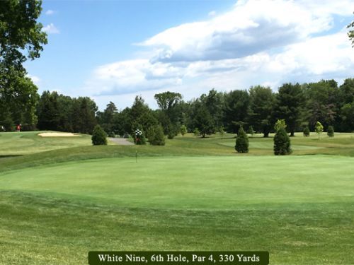 Golf green on a sunny day. White Nine, 6th Hole, Par 4, 130 Yards, green grass, trees, and blue sky.