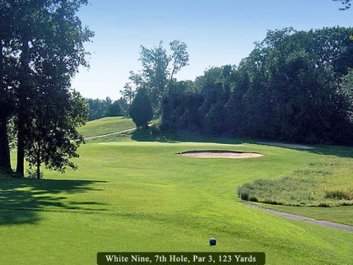 Golf course: green fairway, sand trap, trees, blue tee marker, text 