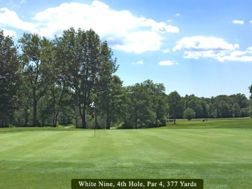Golf course: Green fairway, trees, blue sky. Text: White Nine, 4th Hole, Par 4, 377 Yards.