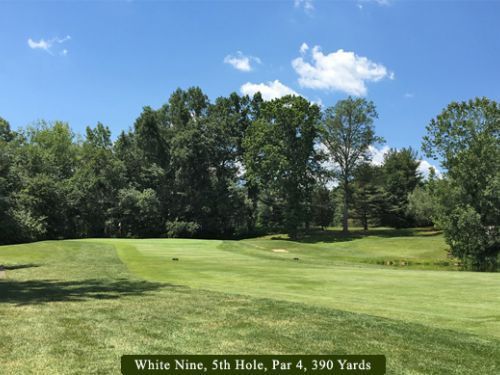 Golf course view of a fairway and green on the White Nine, 5th Hole. Blue sky, trees, and green grass.