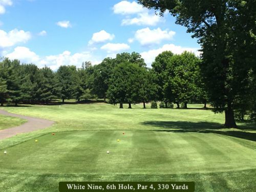 Golf course green, White Nine, 6th Hole, Par 4, 330 Yards. Lush green grass, trees, and a blue sky with clouds.