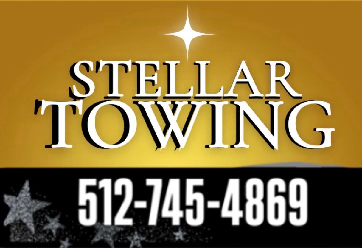 Stellar Towing logo with text and phone number against a gold and black background.