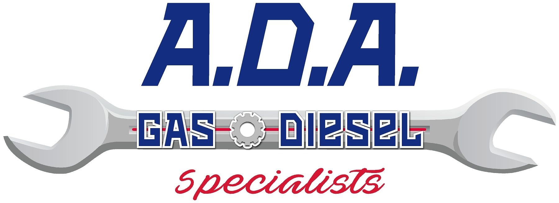 Logo for A.D.A. Gas & Diesel Specialists with a wrench and text in blue and red.