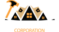 A logo for a construction company with a hammer and houses.