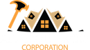 A logo for a construction company with a hammer and houses.