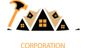 A logo for a construction company with a hammer and houses.