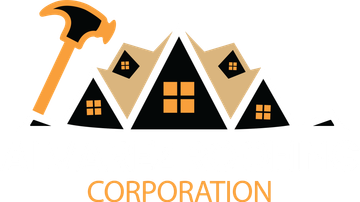 A logo for a construction company with a hammer and houses.