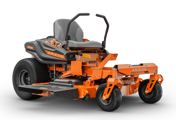 An orange and black lawn mower is sitting on a white surface.