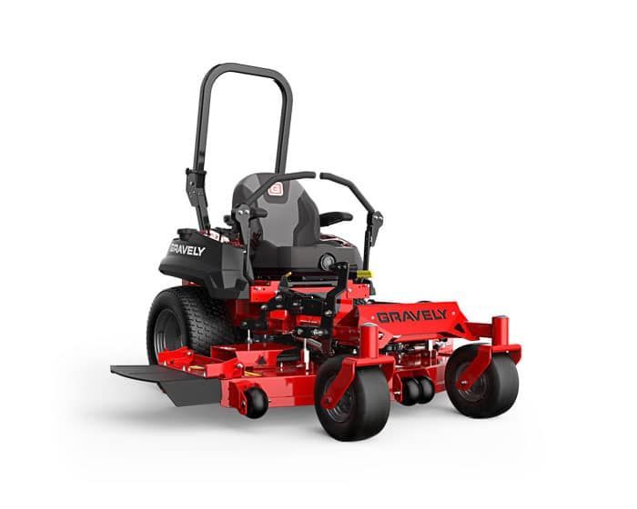 A red and black lawn mower on a white background.