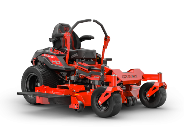 A red and black lawn mower on a white background.