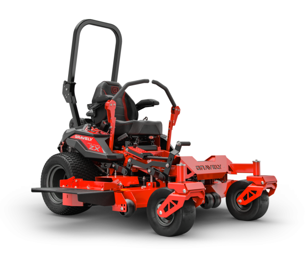 A red and black lawn mower on a white background.