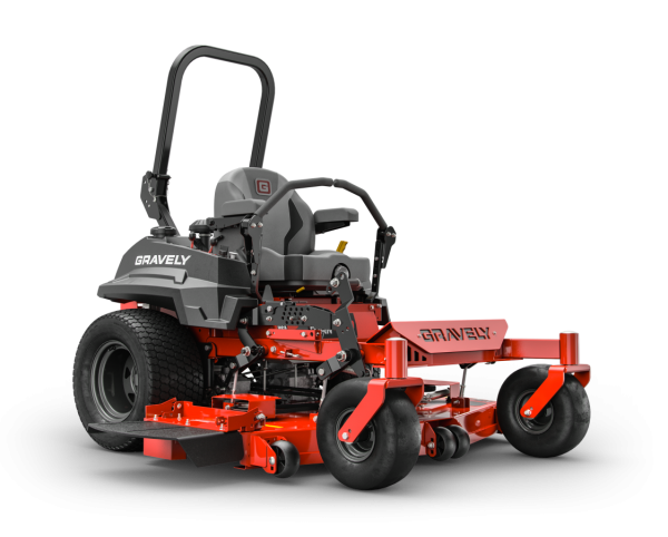 A red and black lawn mower is sitting on a white surface.