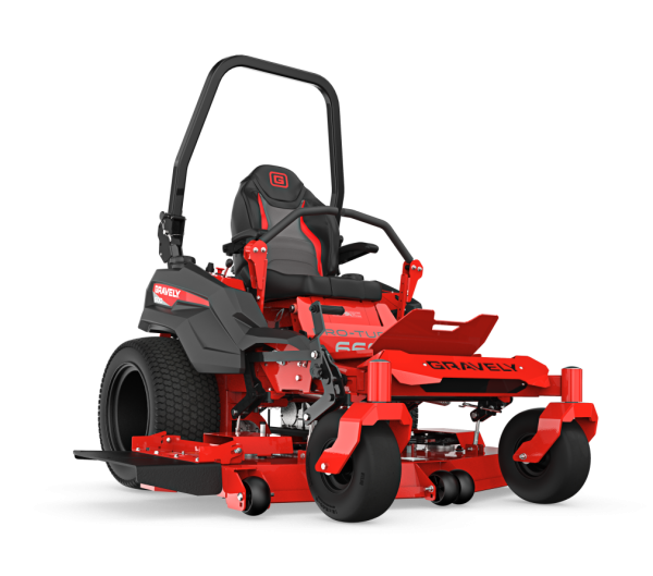 A red and black lawn mower on a white background.