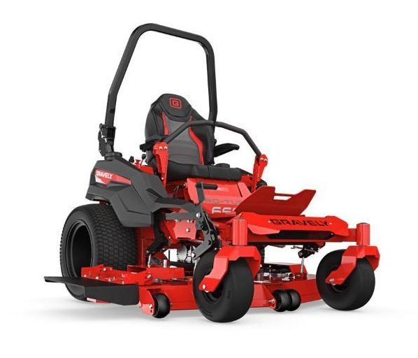 A red and black lawn mower on a white background