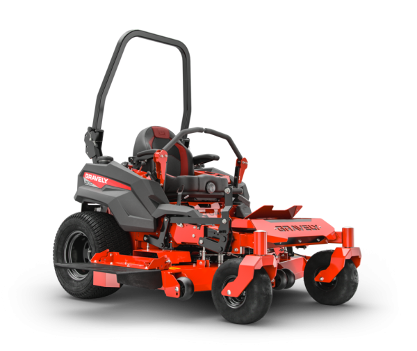 A red and black lawn mower is sitting on a white surface.