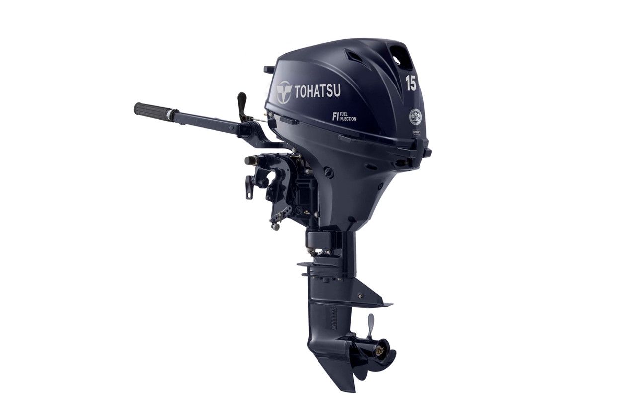 A black outboard motor on a white background.
