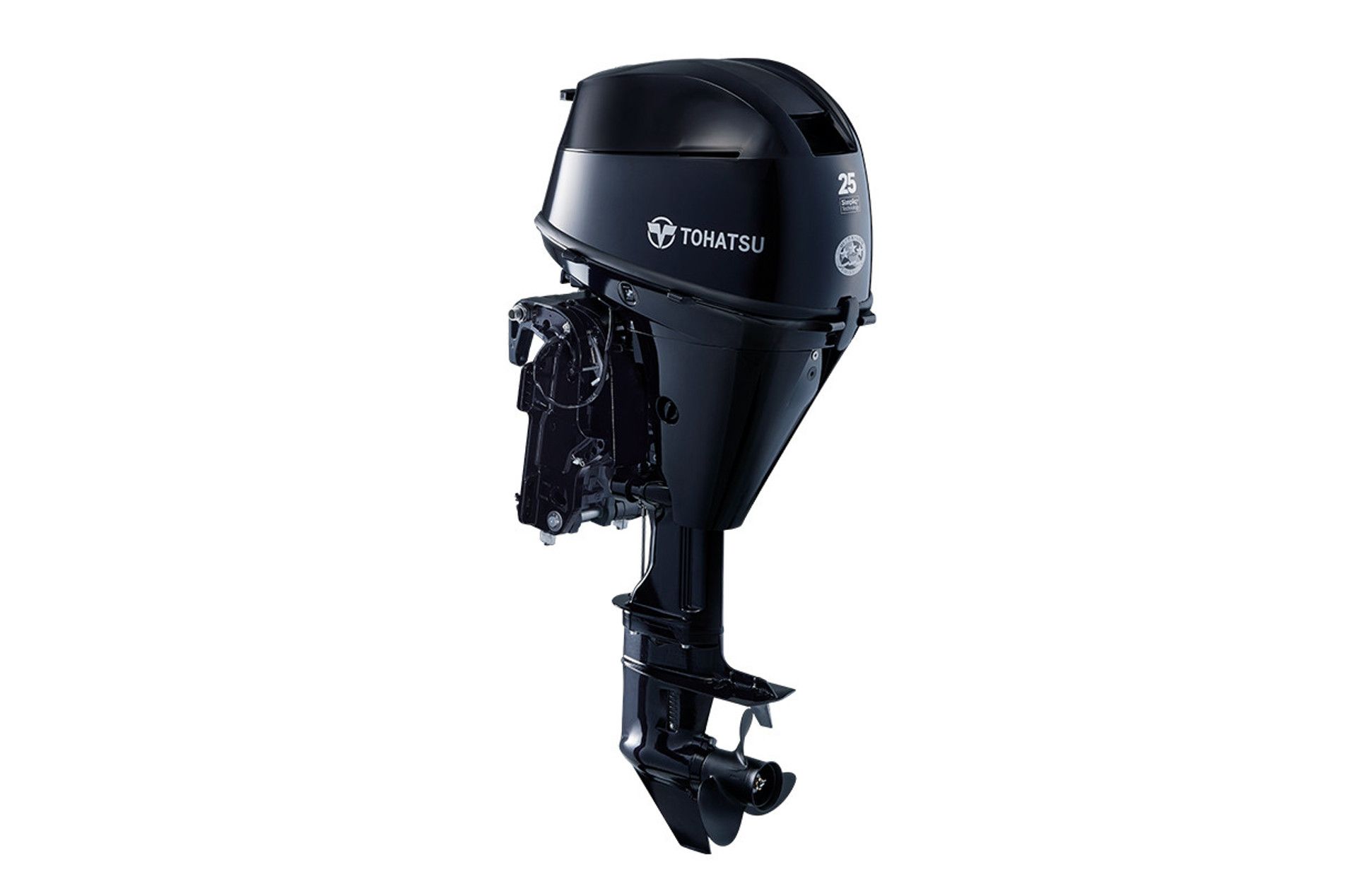 A black outboard motor on a white background.