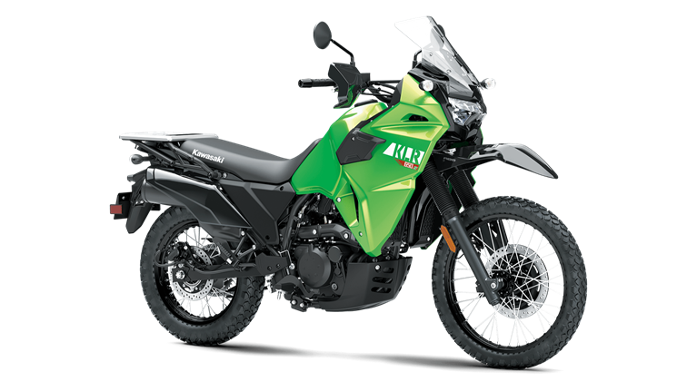 A green and black motorcycle on a white background.