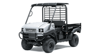 A white and black utility vehicle with a canopy on a white background.
