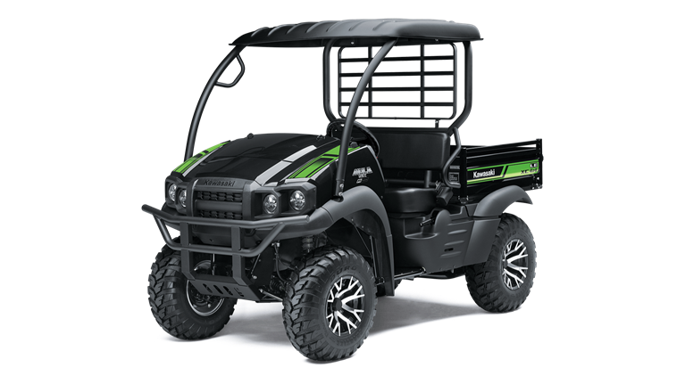 A black and green utility vehicle with a canopy on a white background.