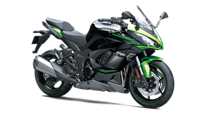 A black and green motorcycle on a white background.