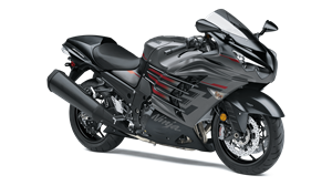 A black motorcycle is parked on a white background.