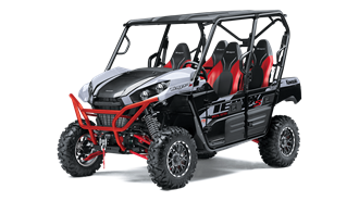 A black and white atv with red seats on a white background.