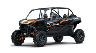 A black and orange atv is parked on a white background.